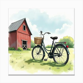 Classic Bicycle Near An Old Barn In Watercolor Style 1 Canvas Print