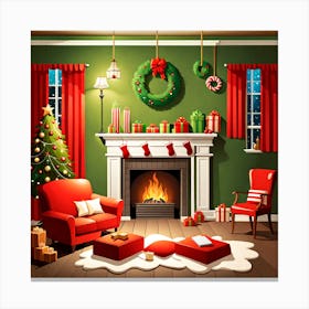 Christmas Living Room, gifts, socks, Christmas Tree art, Christmas Tree, Christmas vector art, Vector Art, Christmas art, Christmas Canvas Print