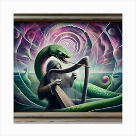 A Hypnotic Snake Playing A Silver Harp, Inspired By The Dreamlike Paintings Of Hieronymus Bosch, With A Mystical Purple And Green Palette, Where The Snake Is In Focus And The Surrounding Landscape Is Blurred Into Dreamlike Shapes, 1 Canvas Print