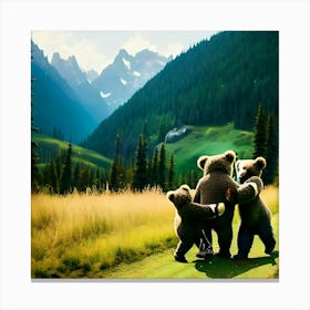 three bears together in forest  Canvas Print