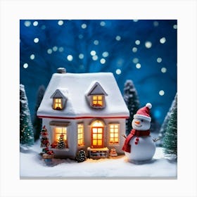 Miniature House Aglow With Warm Lights Nestled In A Snowy Landscape A Snowman Standing Sentinel Nea Canvas Print