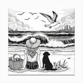 Line Art lady with a dog on the beach Canvas Print