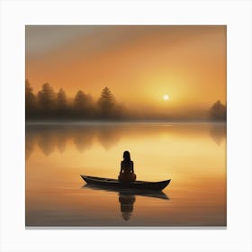 Woman In Canoe At Sunset Canvas Print