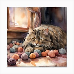 A cat taking a nap in the evening with wool balls scattered around and a warm winter atmosphere 2 Canvas Print