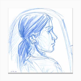 Minimal Blue Color Pencil Portrait Illustration Of A Young Girl By A Mirror Canvas Print