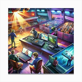 Futuristic Control Room With Multiple Monitors And Staff Members Canvas Print