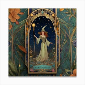 a mesmerizing empty tarot border template for a vintage card game with art nouveau animation of a wizard presented in an impressionism style comes to life. Every delicate detail meticulously crafted out of the painting unfolds before your eyes, showcasing the fantasy world of a magic kingdom. The intricate paper scenes blend vibrant colors with the ancient art nouveau, capturing the essence of the magic This enchanting motion picture captivates viewers with its exquisite precision and awe-inspiring artistry, immersing them in the compelling story of a medieval kingdom. Art Nouveau style 3 by Skyrn99, high detail, high quality, high resolution, dramatically captivating Canvas Print