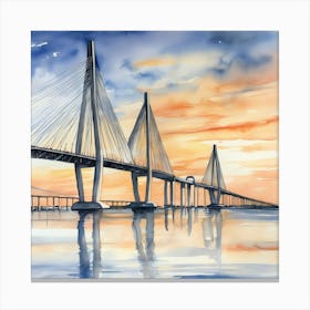 Accurate drawing and description. Sunset over the Arthur Ravenel Jr. Bridge in Charleston. Blue water and sunset reflections on the water. Watercolor.8 Canvas Print