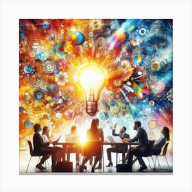 A group of business professionals brainstorm innovative ideas in a collaborative and creative work environment, surrounded by a vibrant array of colorful and abstract imagery representing the limitless possibilities of their collective imagination. Canvas Print