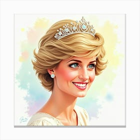 Princess Diana’S Cheerful Face, Set In A Soft Watercolor Rainbow Scene 1 Canvas Print