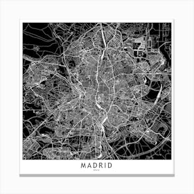 Madrid Black And White Map Square Canvas Print