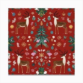 Festive Holiday Deer And Botanical Pattern Wrapping Paper Canvas Print