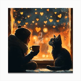 Cat and Person Sharing Hot Cocoa Artwork 2 Canvas Print