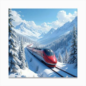 Bullet Train Racing Along Snow Covered Mountains With Clear Skies 1 Canvas Print