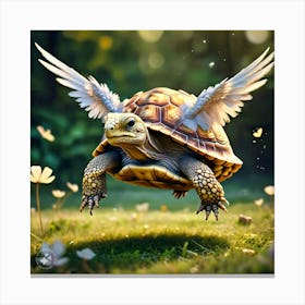 Tortoise With Feathers On His Shell Landing To The Ground (1) Canvas Print