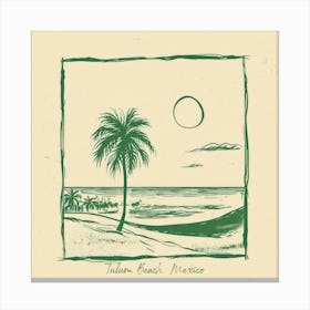 Tulum Beach, Mexico Green Line Art Illustration Canvas Print