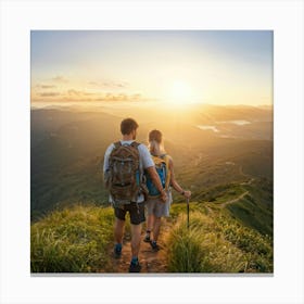 Couple Hiking Atop A Lush Hill During A Sunset Surrounded By Mountainous Landscape Embracing In A (6) Canvas Print