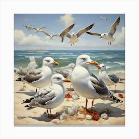 Seagulls On The Shore Square Art Print 1 Canvas Print