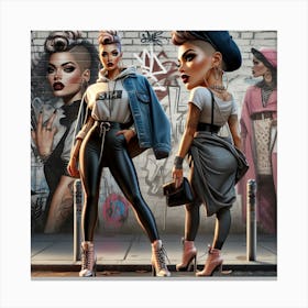 Two Women In Front Of A Graffiti Wall Canvas Print