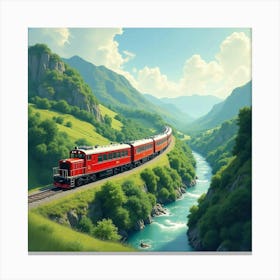 Elegant Train Moving Through A Lush Watercolor Painted Valley 1 Canvas Print