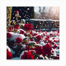 Formal Rose Garden with Red Roses in Falling Snow Canvas Print