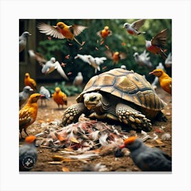 The Birds Gathered Around The Pile Of Feathers Their Songs Filling The Air It S A Farewell Hymn A Celebration Of The Tortoise S Life And Legacy (3) Canvas Print