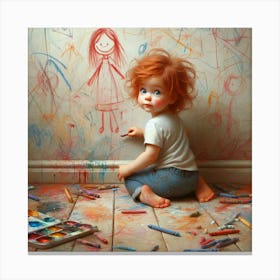 Little Girl Playing With Crayons Canvas Print