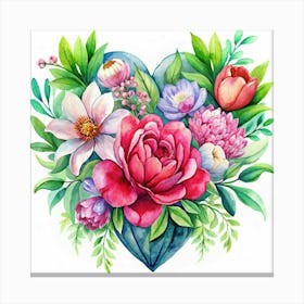 Watercolor Floral Bouquet In Heart Shape Canvas Print