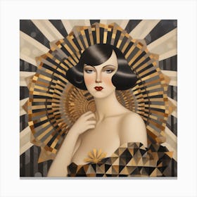 Art Deco portrait of a woman with a dramatic hairstyle, wearing a beaded dress and holding a fan Canvas Print