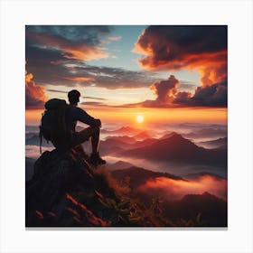 Man Sitting On Top Of Mountain At Sunset Canvas Print