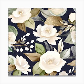 Botanical Wall Art Flowers White Camelias Deep Space Blue Background #1 Canvas Print