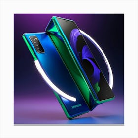 A Highly Detailed, Futuristic 3d Rendered Depiction Of A Sleek Mobile Phone, Showcasing A Vibrant, Electric Blue And Neon Green Color Scheme With Metallic Accents, Set Against A Dark, Gradient Purple Background Canvas Print