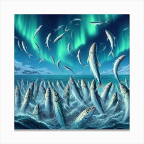 Sardines Dancing Under The Northern Lights In The Arctic Ocean, Style Realistic Oil Painting 1 Canvas Print