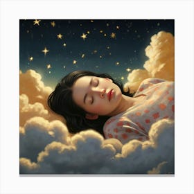 A photorealistic portrayal of a woman with shiny black bobbed hair, asleep on shimmering golden clouds. The sky around her is dotted with stars, each shaped like a Hello Kitty cat, casting a soft glow. Created Using: high-resolution detail, magical night sky, gold-tinted clouds, playful star designs, tranquil mood, soft glow effects, enchanted setting, clear focus --ar 16:9 --v 6.0 2 Canvas Print