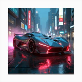 Glowing Futuristic Car With Sleek Design, Hovering Through A Cyberpunk City 1 Canvas Print