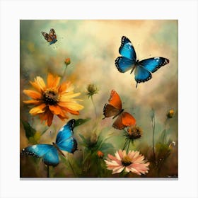 Three Butterflies And Flowers (2) Canvas Print