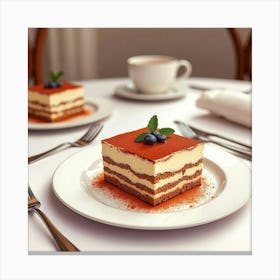 Watercolor Portrayal Of A Decadent And Creamy Tiramisu On A Cozy Dining Table 1 Canvas Print