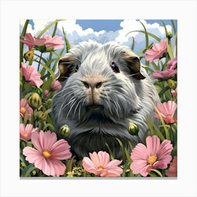 Grey Guinea Pig and Pink Flowers Canvas Print
