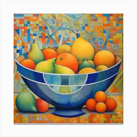 Art Deco still life painting of a fruit bowl filled with exotic fruits in vibrant shades of orange, yellow, and green Canvas Print