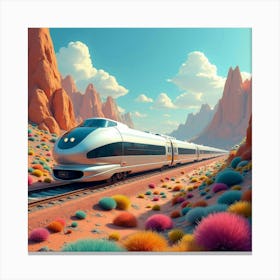 Streamlined Futuristic Train Passing Through A Colorful Futuristic Valley 1 Canvas Print