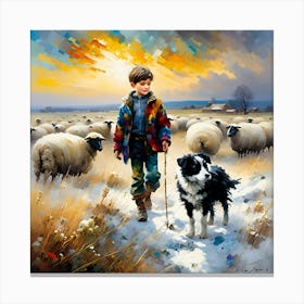 Faithful Boy With Dog and Sheep Canvas Print