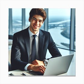 Businessman Smiling At Laptop Canvas Print