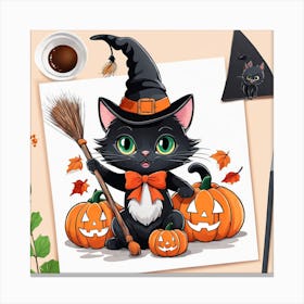 Cute Cat Halloween Pumpkin (22) Canvas Print