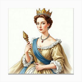 Watercolor Portrait Of Queen Elizabeth I, Holding A Regal Staff, Elegant 1 Canvas Print