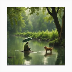 Man And Dog In The River Canvas Print