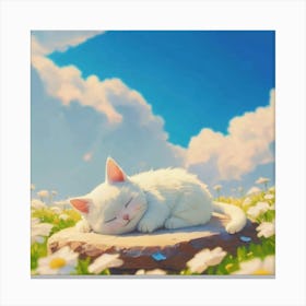 White Cat Sleeping In Daisies Canvas Print