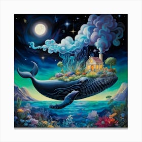 Surrealist Landscape Colossal Whale Floating Amid A Night Sky Studded With Stars And Constellations Canvas Print