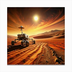 A Mars rover exploring the red planet's surface, with a dramatic sunset. Canvas Print