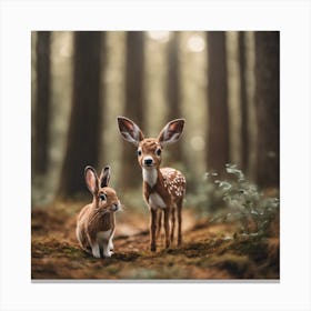 Deer And Rabbit in a forest Canvas Print