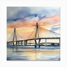 Accurate drawing and description. Sunset over the Arthur Ravenel Jr. Bridge in Charleston. Blue water and sunset reflections on the water. Watercolor.1 Canvas Print